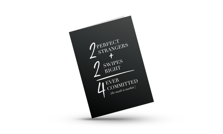 Black greeting card with gray envelope. Greeting card for online daters. Tinder, Bumble, Hinge greeting cards. Dating app greeting cards.