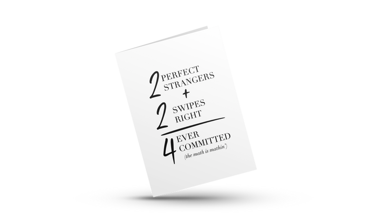 White greeting card with gray envelope. Greeting card for online daters. Tinder, Bumble, Hinge greeting cards. Dating app greeting cards.