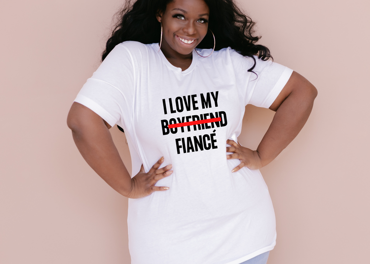 "I Love My Boyfriend Now Fiancé" Block Font Unisex T-shirt (White)