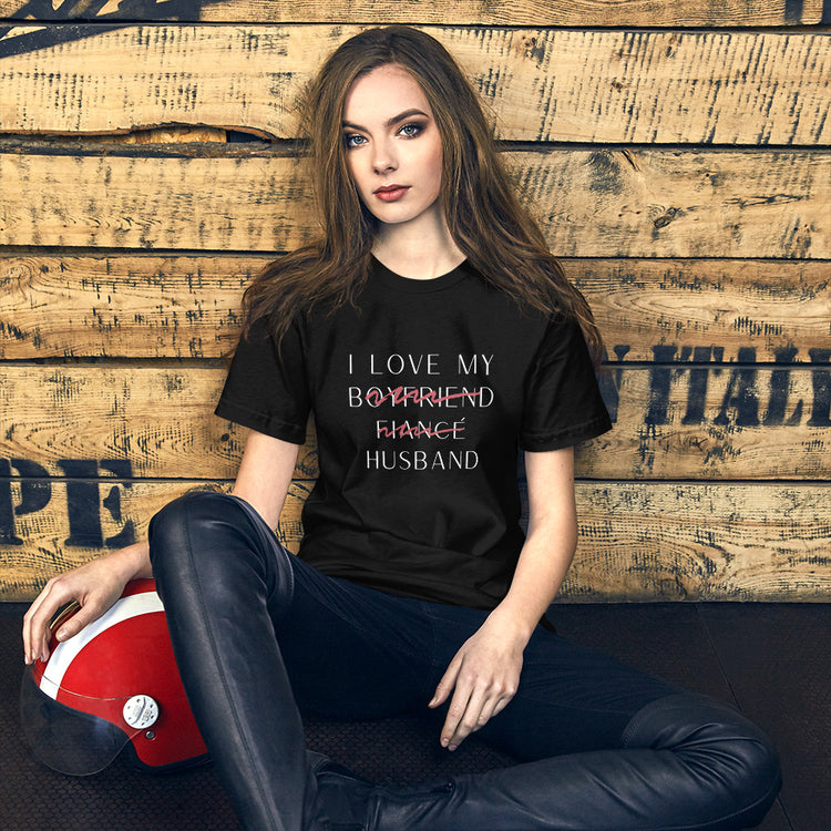 "I Love My Husband" Fine Print Unisex T-shirt (Black)