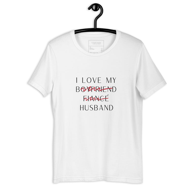 "I Love My Husband" Fine Print Unisex T-shirt (Black)