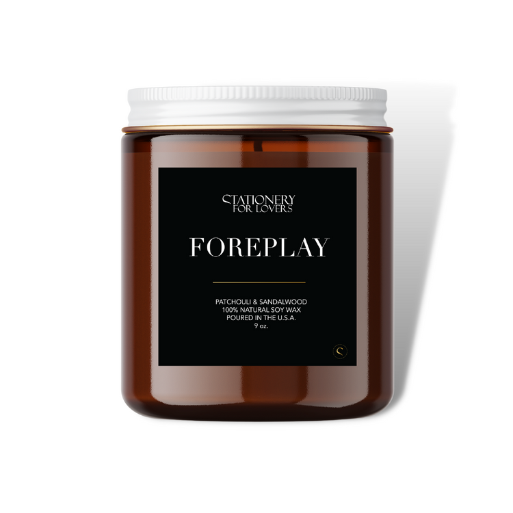 Foreplay - Scented Candles Light this candle and experience a rich aroma as you prepare to experience a series of intimate events leading up to your wildest imagination.  Candle Burn Time: Up to 55 hours  Product Details:  9oz Reusable Amber Glass Tumbler with White Lid (L: 3.50 x W: 2.625) Natural Cotton Core Wick Candle Fragrance: Sandalwood & Patchouli  An earthy musk blend of patchouli and sandalwood. An aroma that will produce calmness and relaxation.