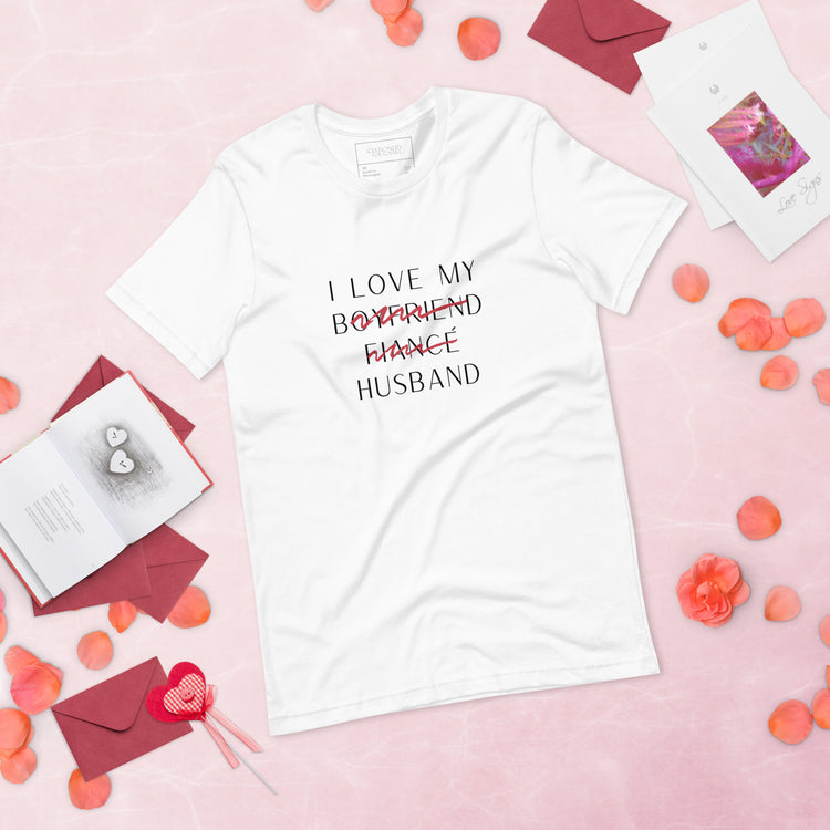 "I Love My Husband" Fine Print Unisex T-shirt (Black)